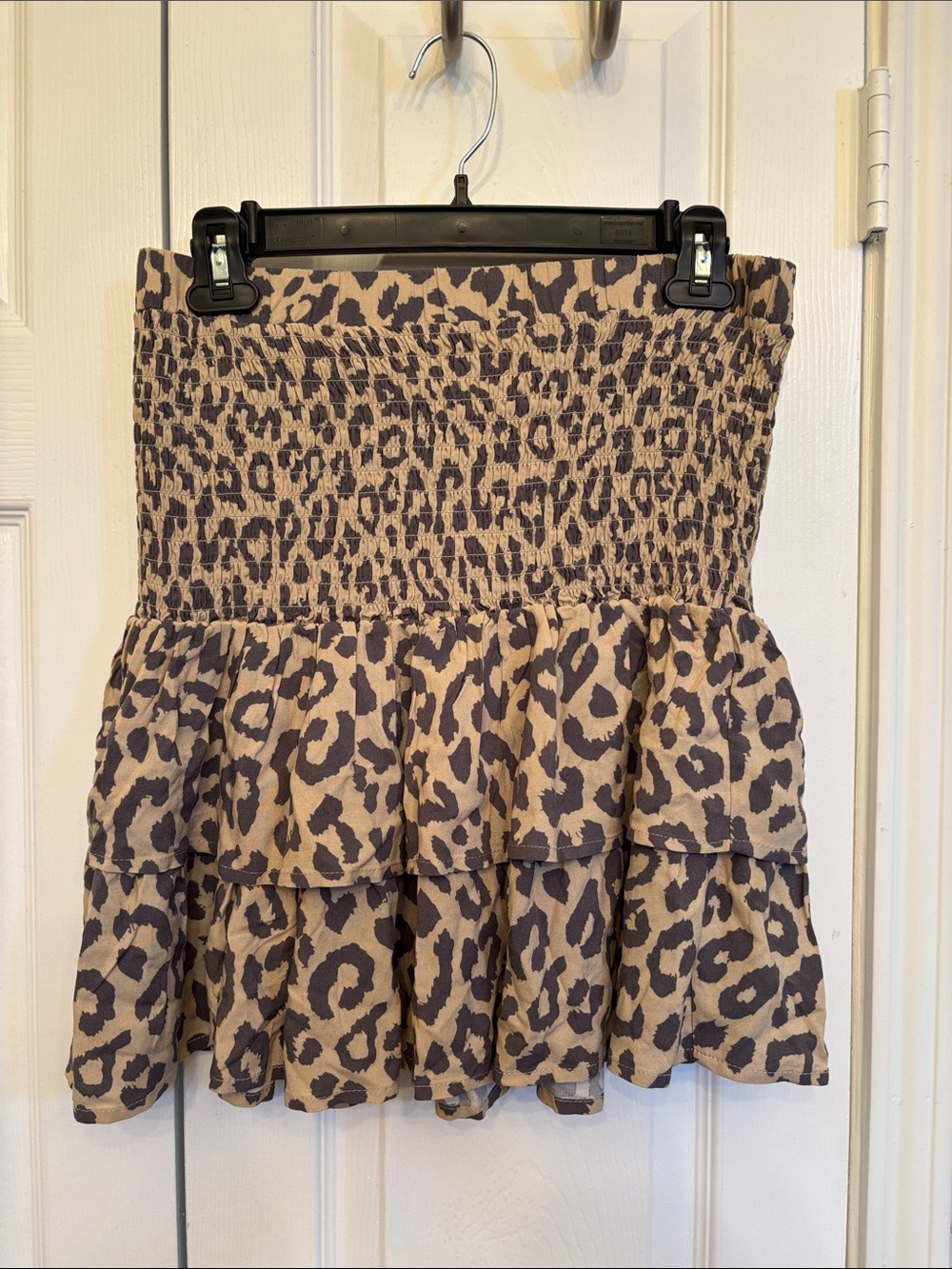 Smocked Leopard Print Tiered Mini Skirt - Beige/Black